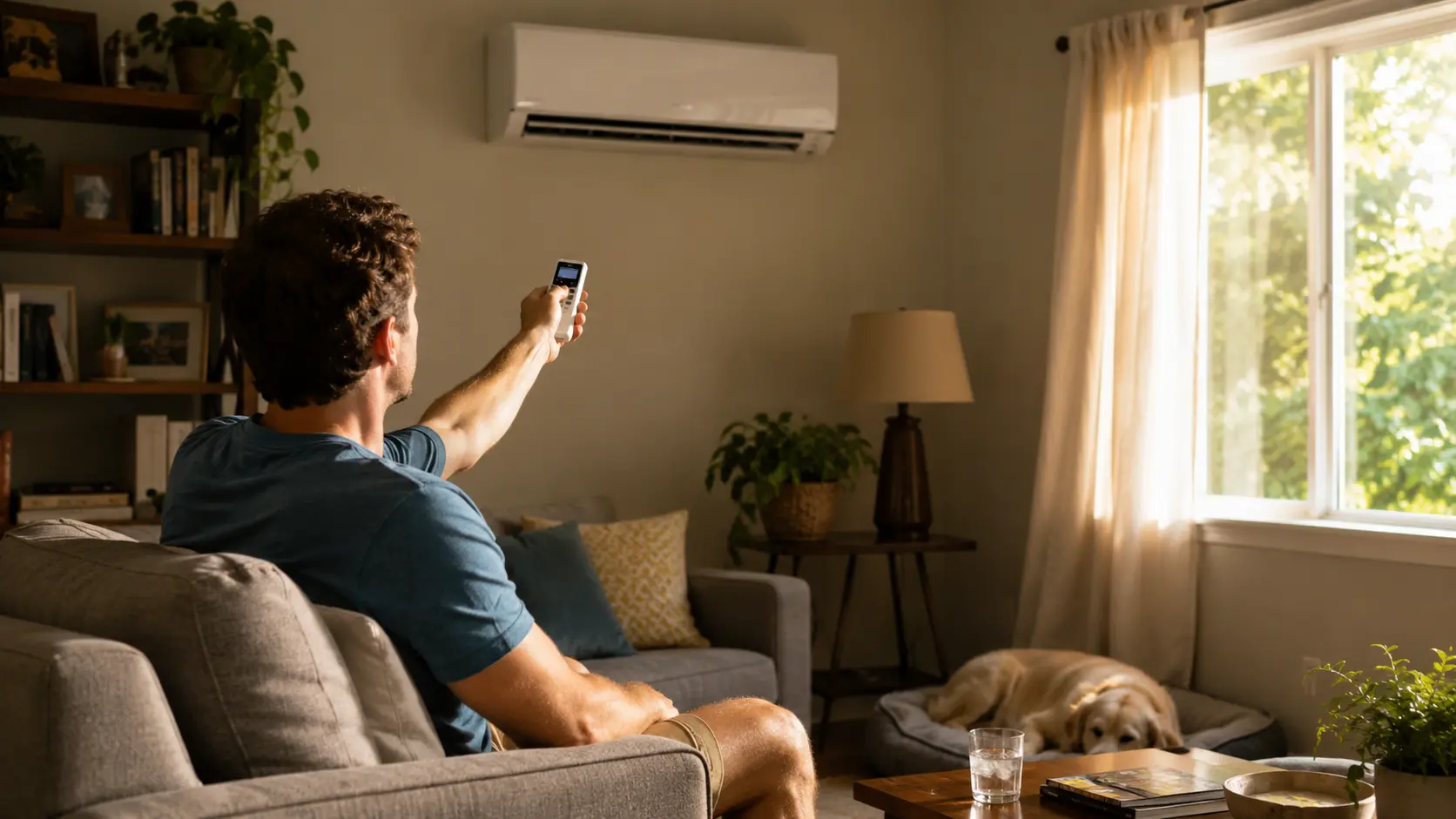 Homeowner adjusting a wall thermostat while an air conditioner cools a bright living room