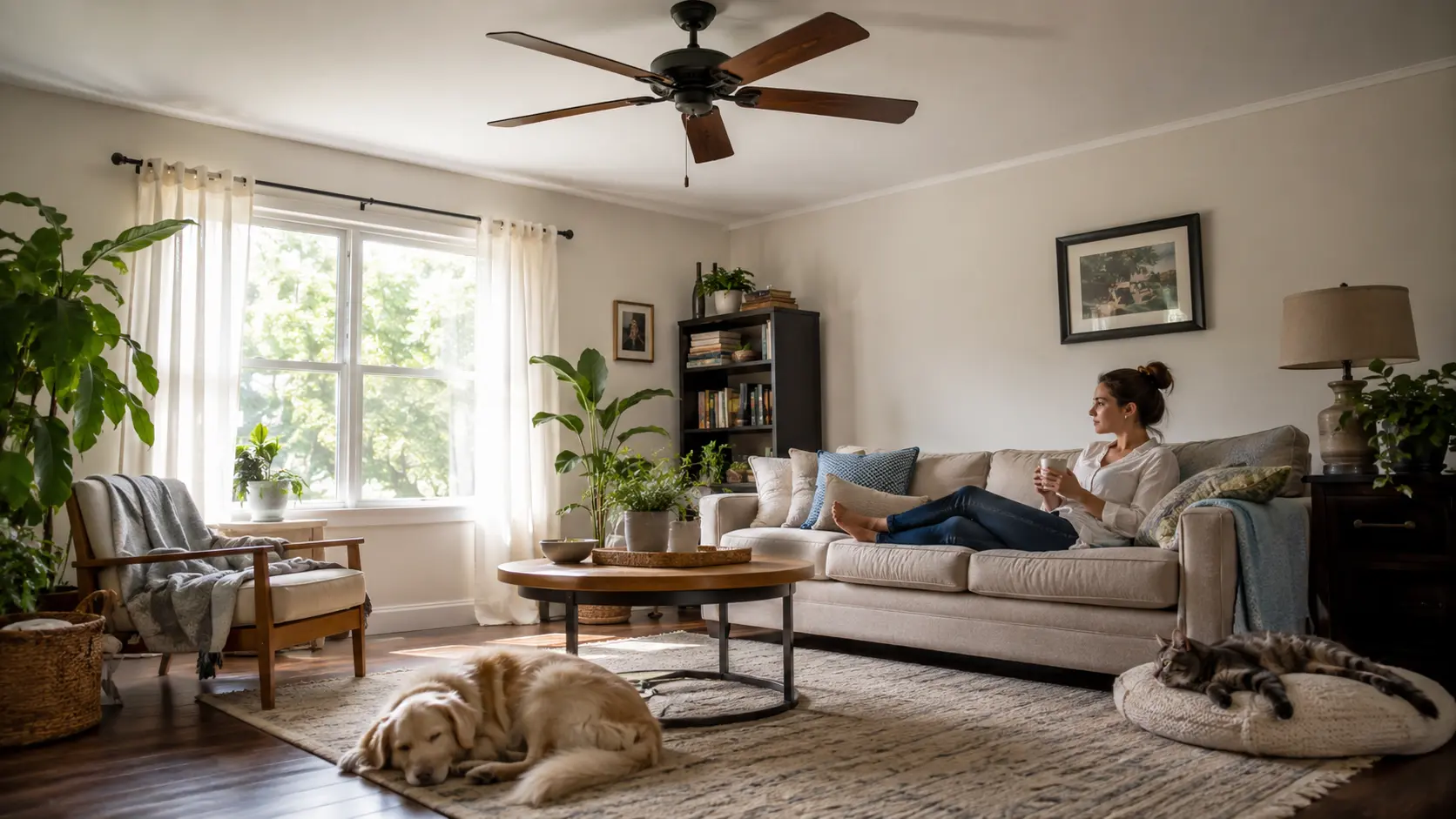Ceiling fan in a bright living room with natural daylight and comfortable airflow