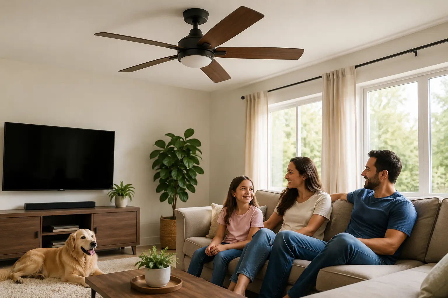 Family relaxing in a bright living room with a ceiling fan running above them