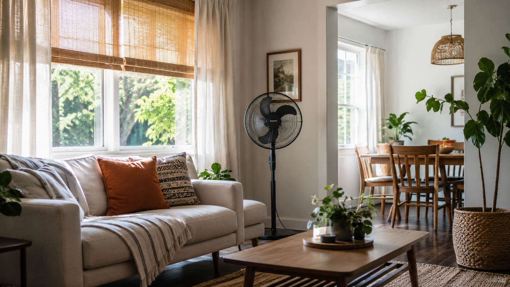 Bright home interior with curtains, a fan, and natural daylight used to keep a house cooler