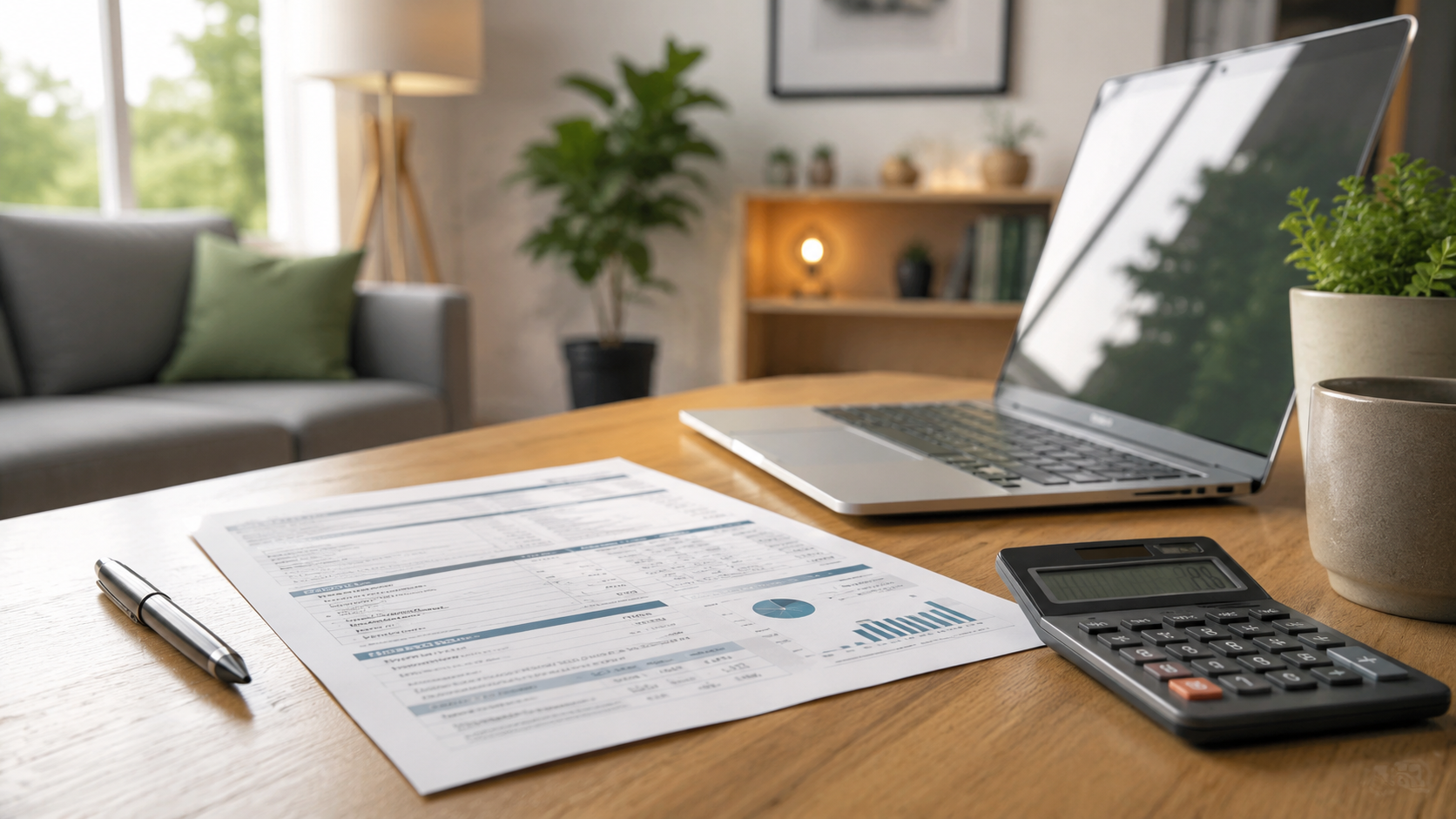 Electricity bill, calculator, and laptop on a table for reviewing home energy usage