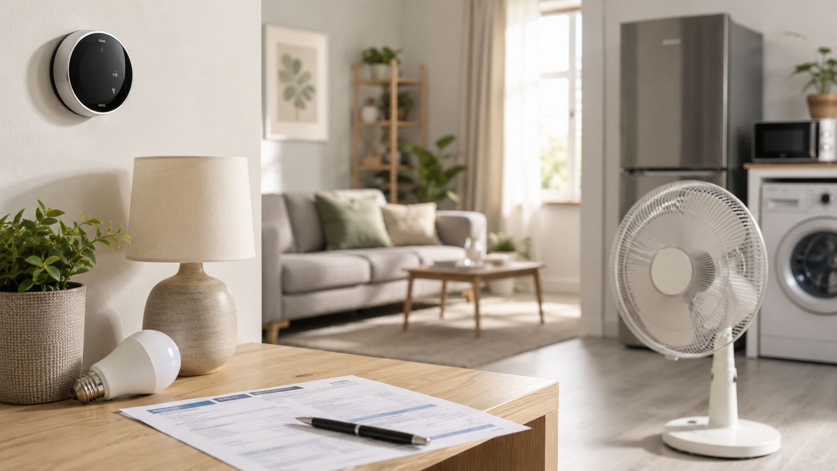 Home energy-saving items including thermostat, lamp, fan, appliance, and electricity bill in a clean living space