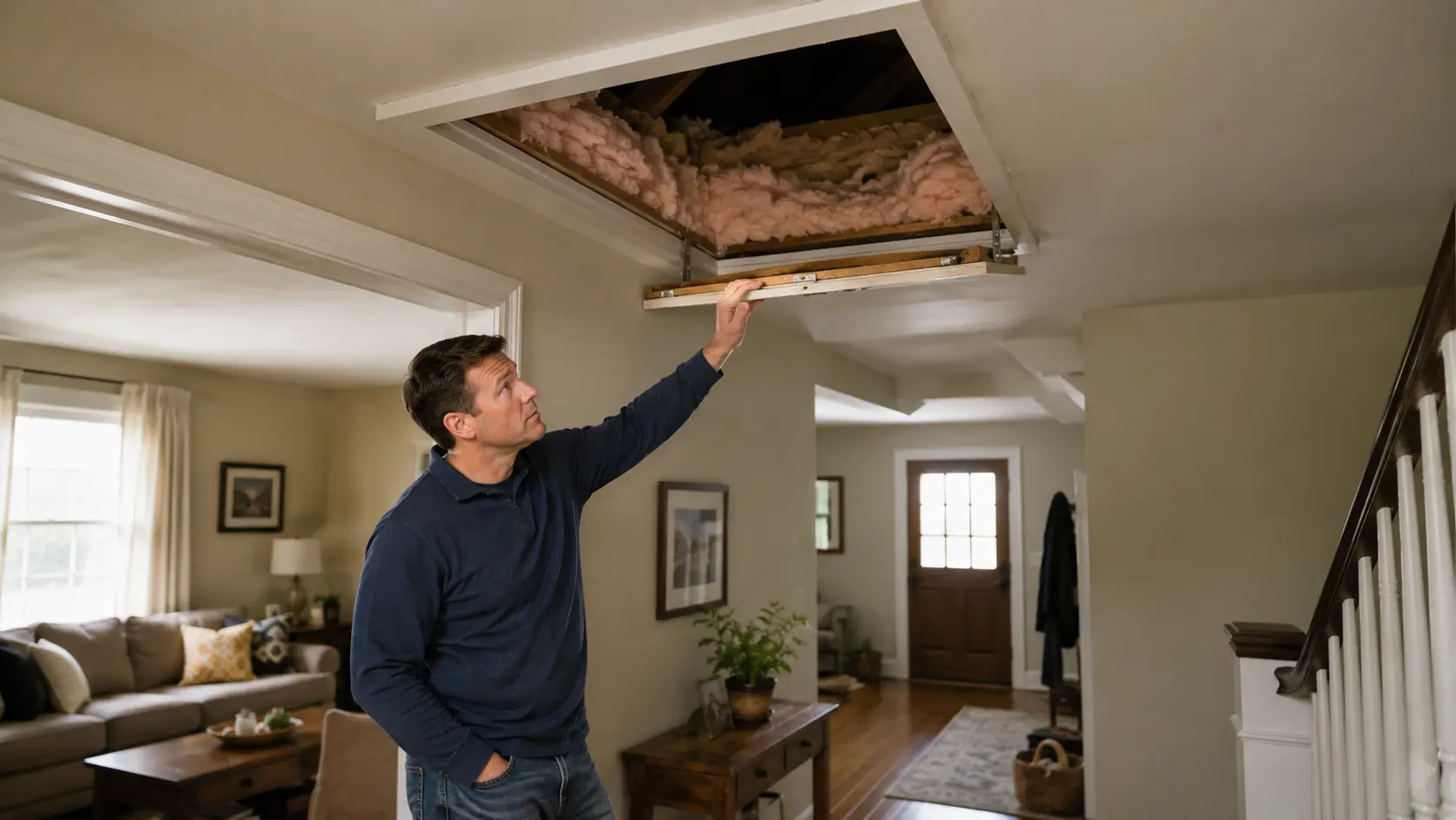 Homeowner checking insulation near a bright attic opening in a cozy residential home