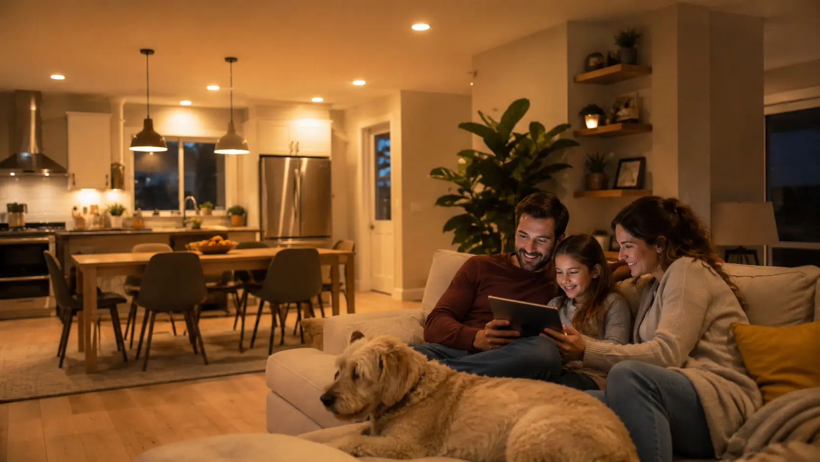 Family and pet in a cozy living room with warm LED lighting and natural evening light