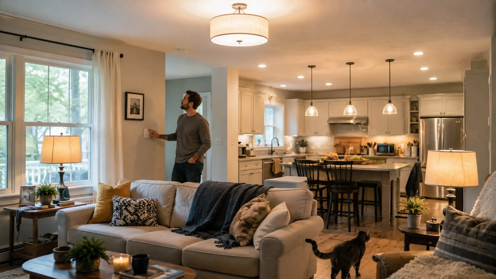 Family and pet in a cozy living room with several lights on during the evening