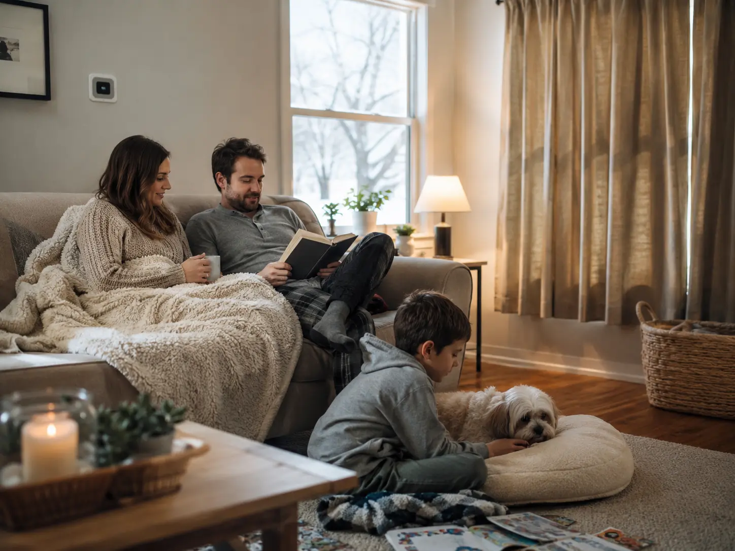Cozy living room in winter with a family and pet near a warm blanket and soft natural light