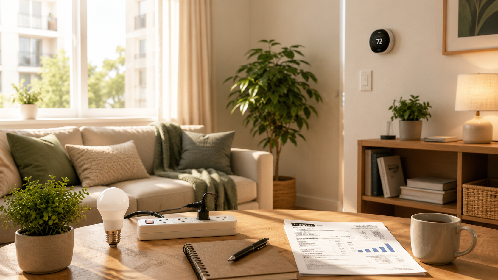 Bright rental apartment living room with an LED bulb, power strip, thermostat, and energy bill on a table