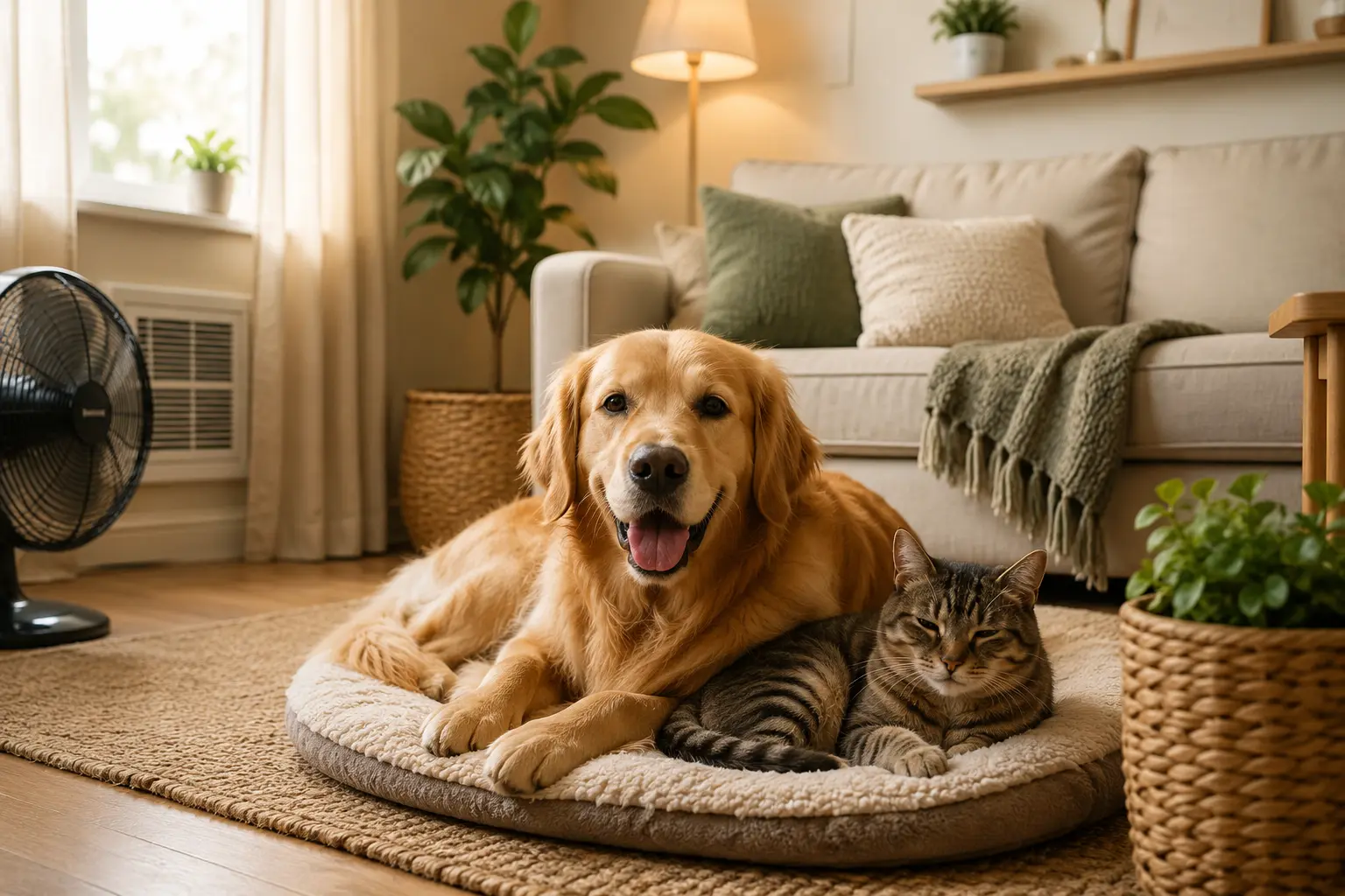 Dog and cat relaxing comfortably in a bright living room with natural light and a comfortable indoor temperature