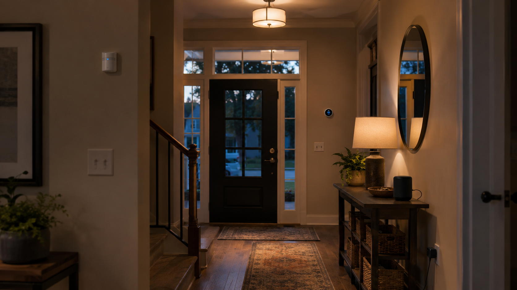 Modern home entryway with smart lighting automation and natural evening light