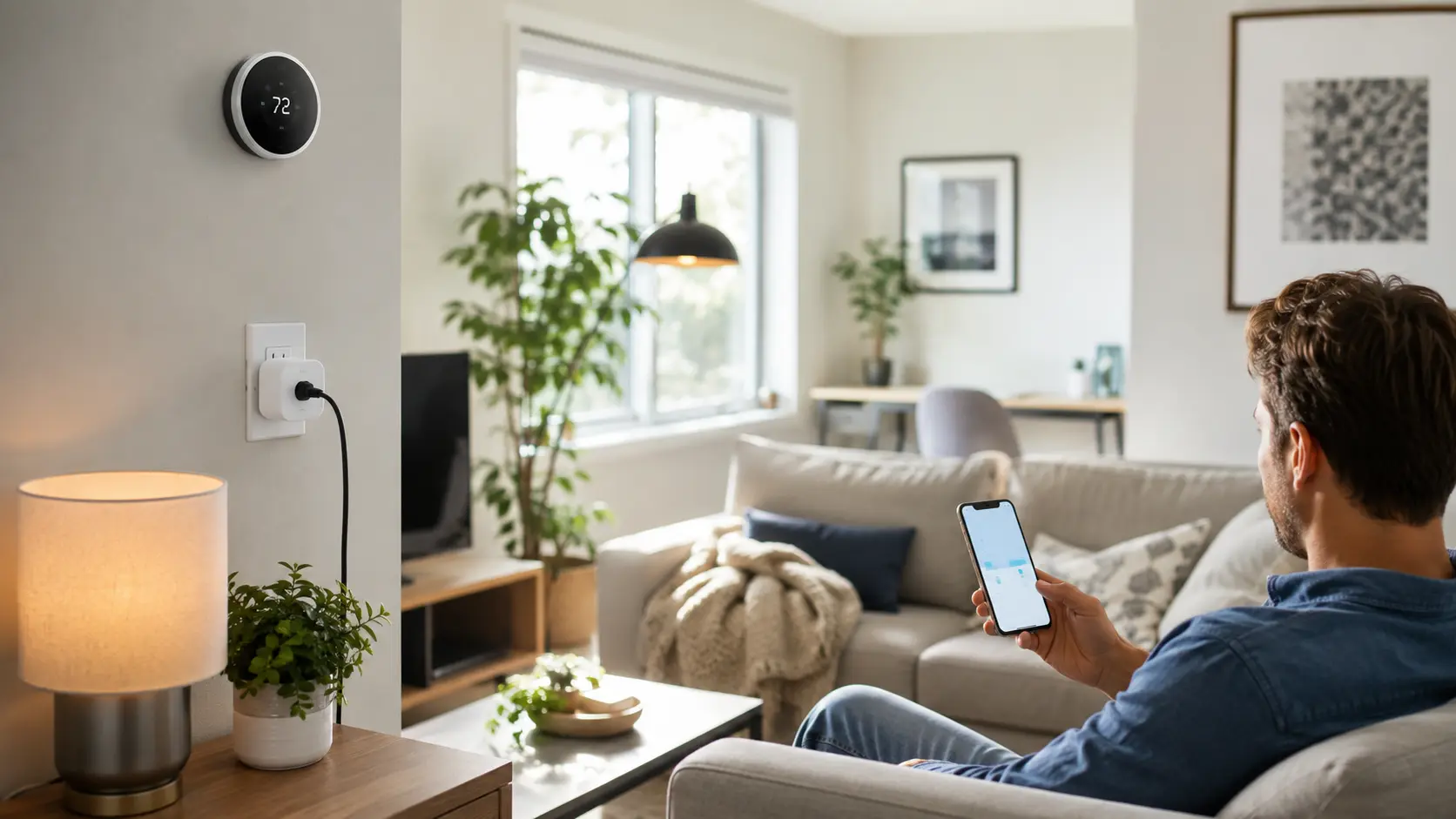 Modern living room with a smart thermostat, smart plug, lamp, and phone used to control home energy devices