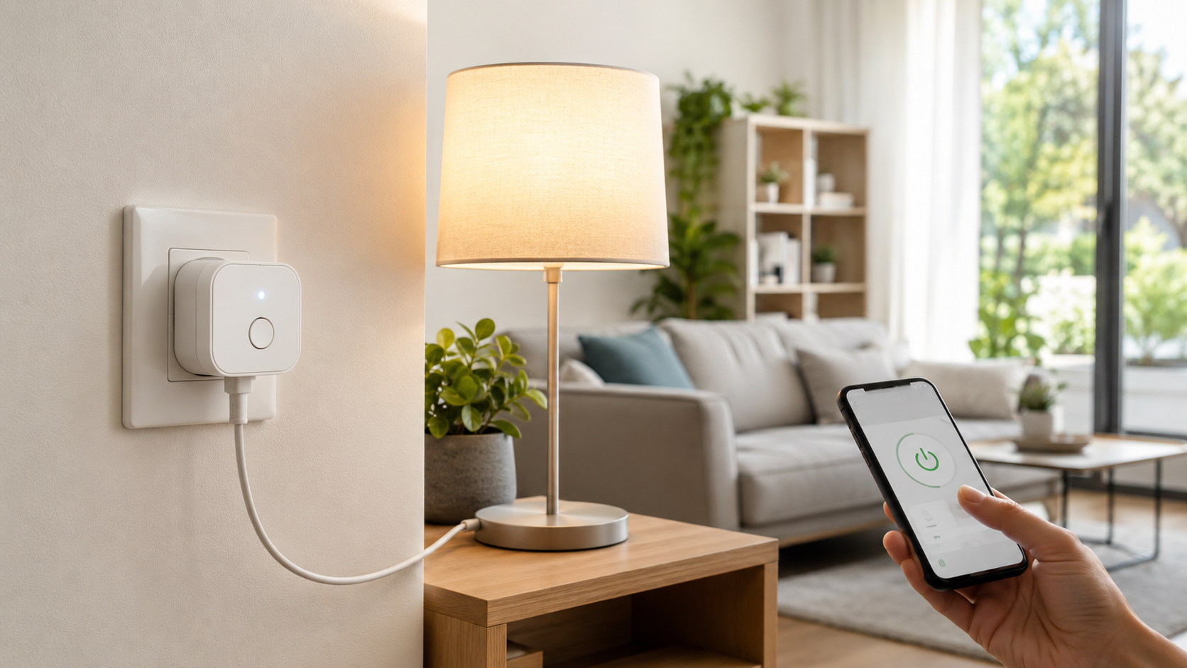 Smart plug controlling a lamp in a modern living room using a mobile phone