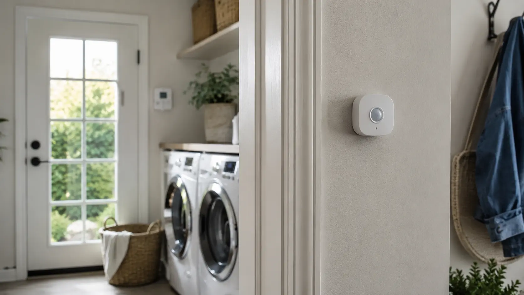Smart motion sensor installed near a laundry room with washing machines and natural light