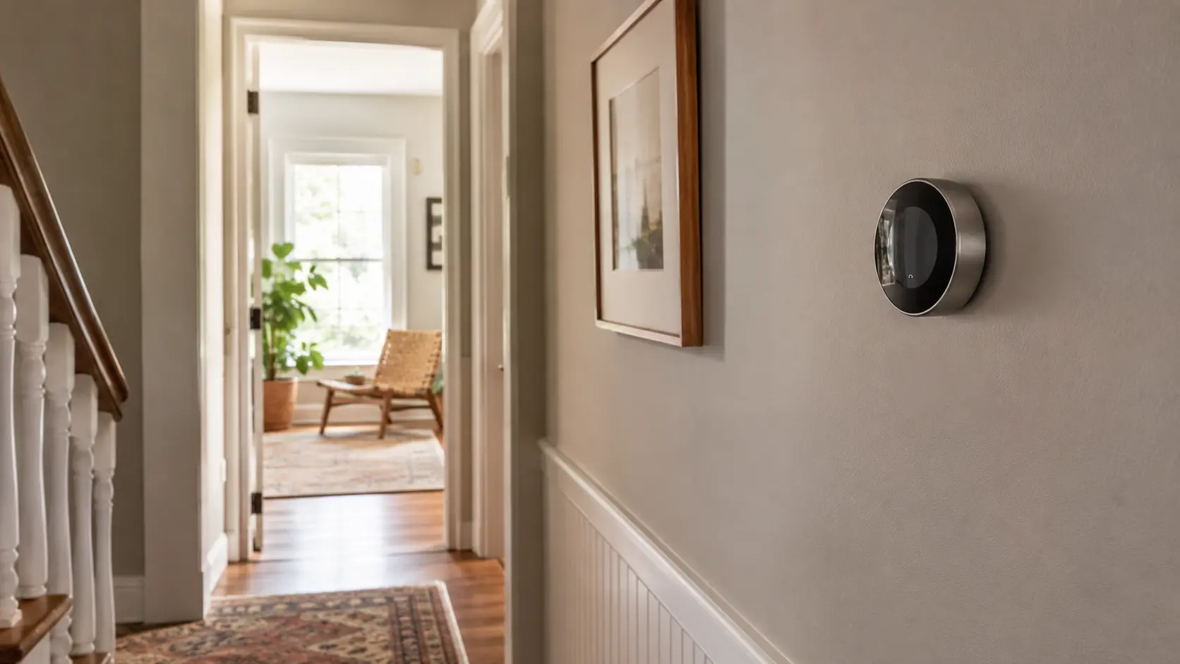 Smart thermostat on a wall in a comfortable home hallway with natural light