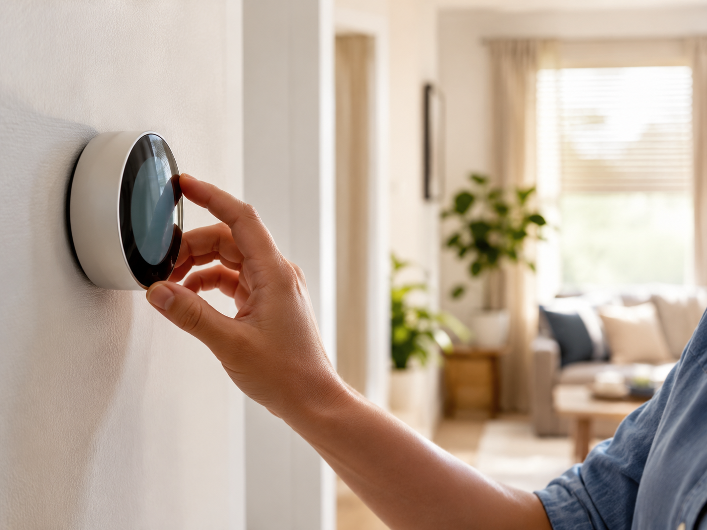 Smart thermostat on a wall in a bright summer home with natural daylight